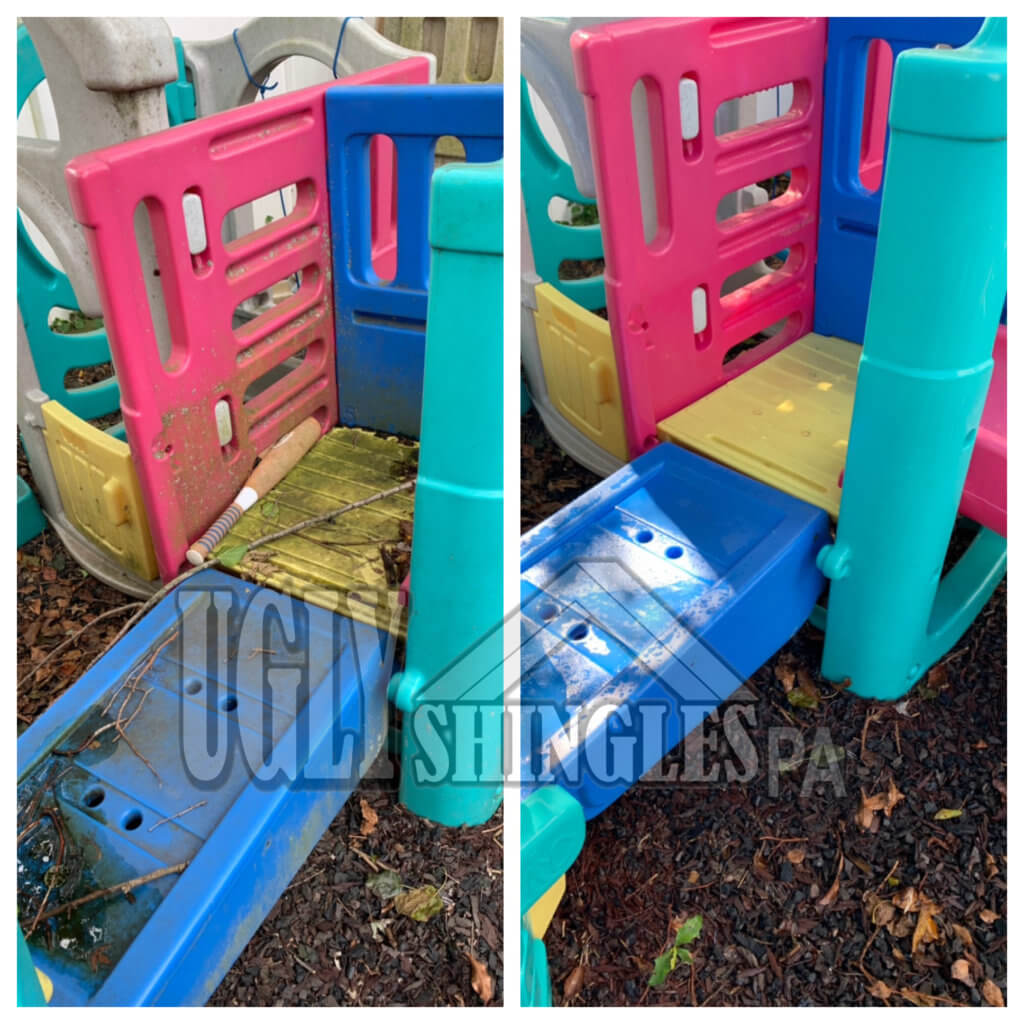 Outdoor play system before and after cleaned by Ugly Shingles PA